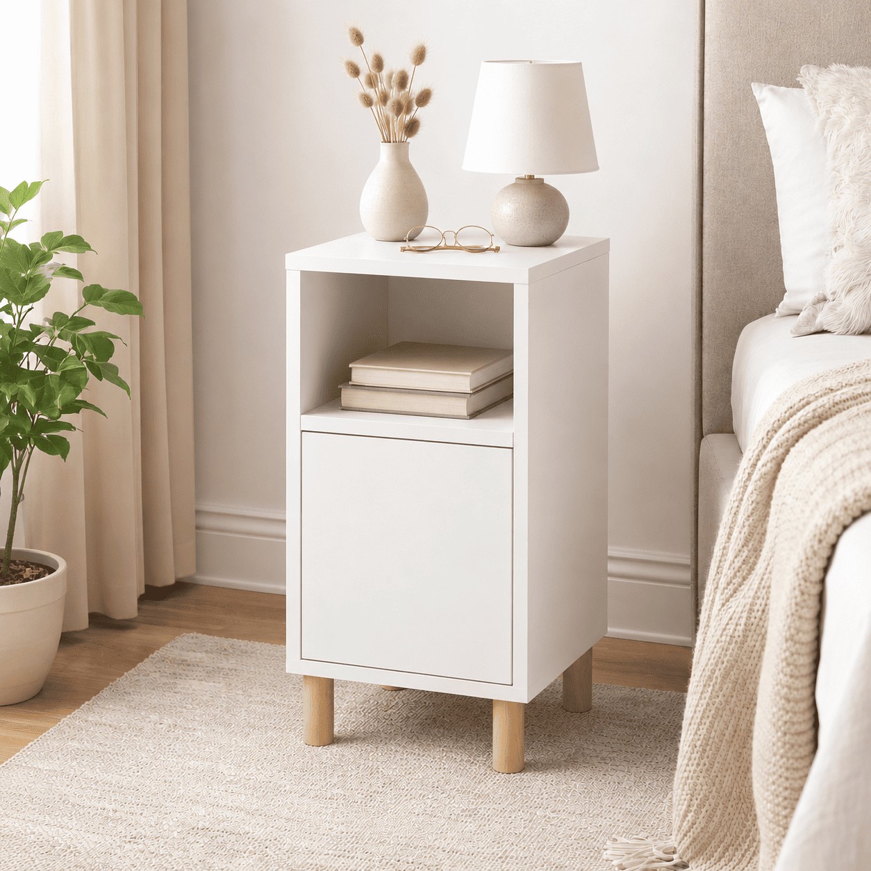 MESA DE NOCHE DE MELAMINE NARA NÓRDICO BLANCO CON PATAS - 1