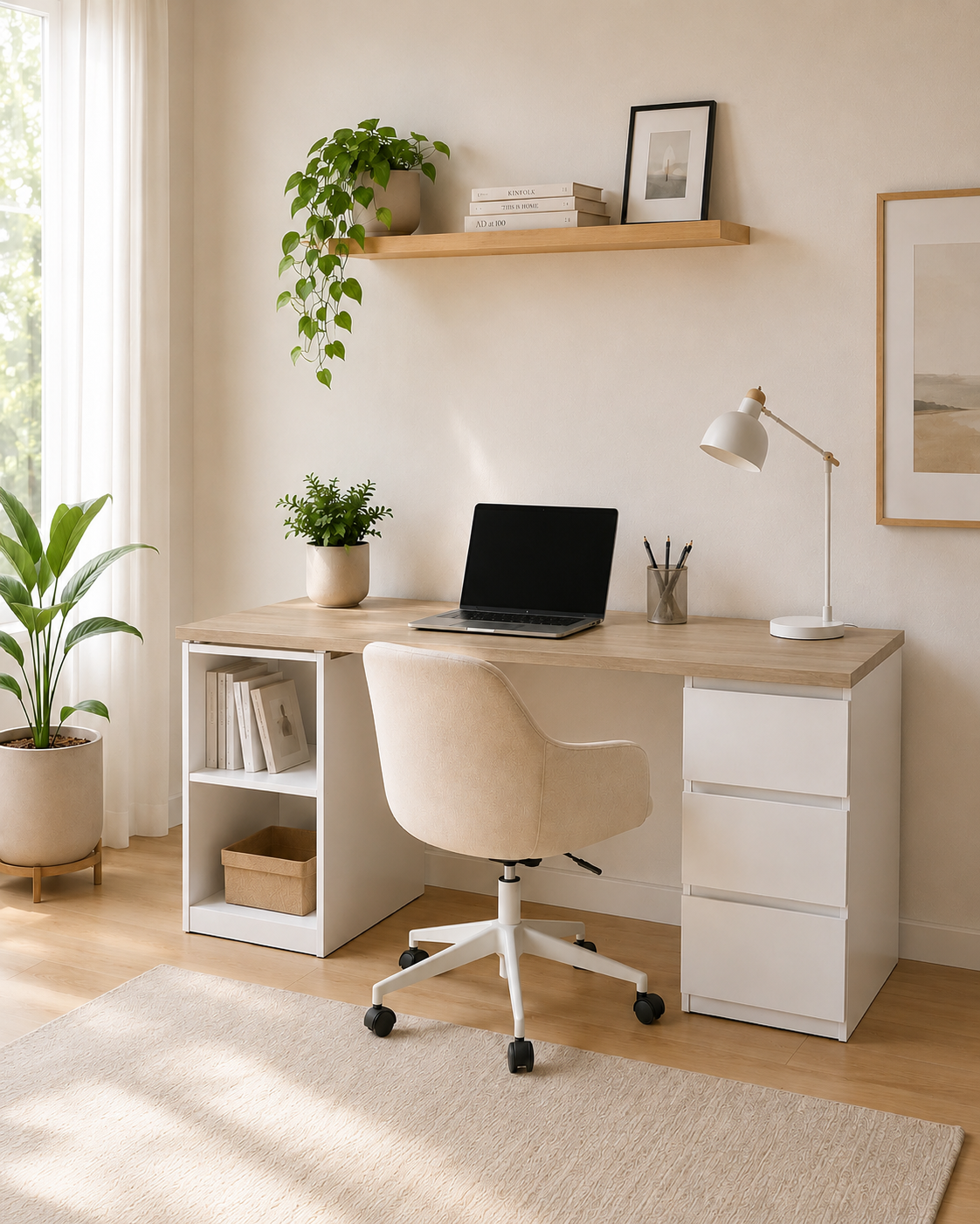 ESCRITORIO DE MELAMINA BLANCO SORA 3 CAJONES Y 2 REPISAS MUEBLEO - 1