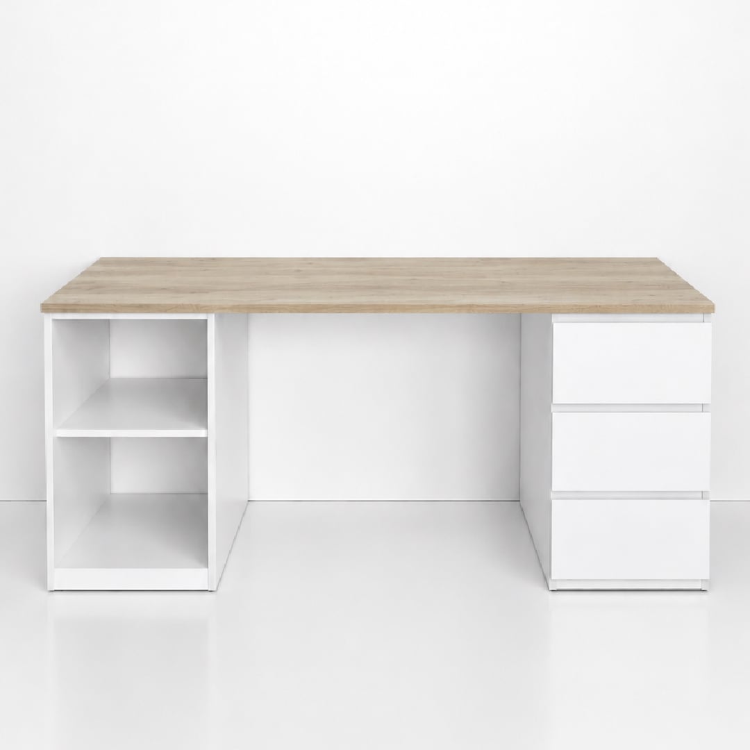 ESCRITORIO DE MELAMINA BLANCO SORA 3 CAJONES Y 2 REPISAS MUEBLEO - 2