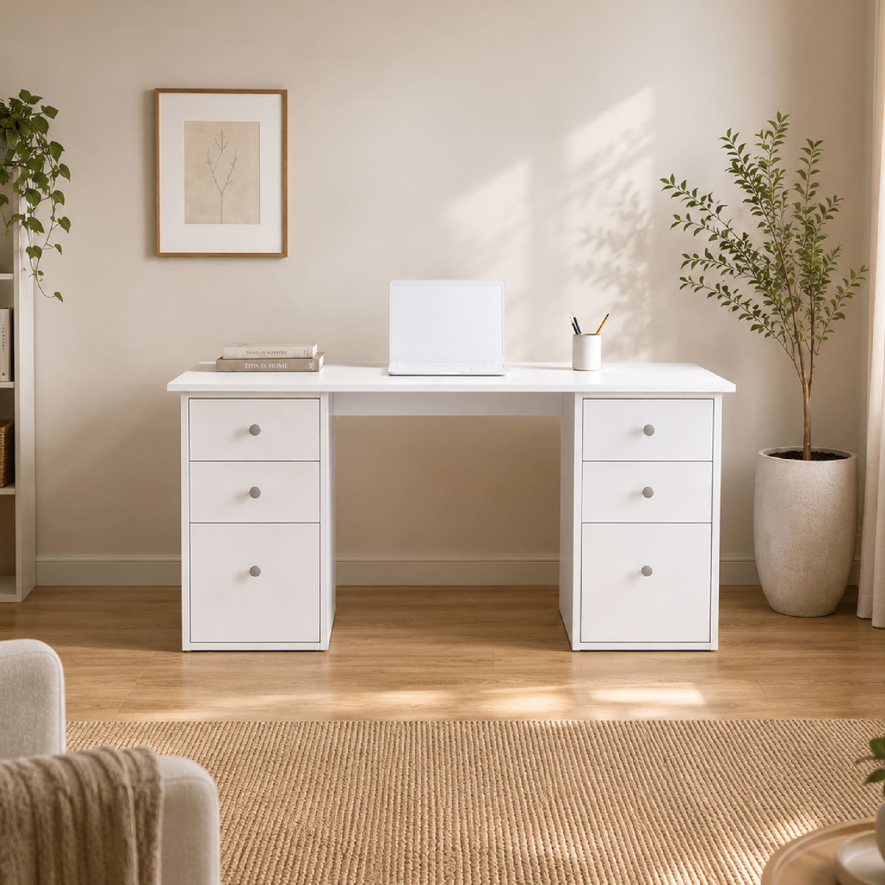 ESCRITORIO DE MELAMINE BLANCO SENA MODERNO CON 6 CAJONES MUEBLEO - 1
