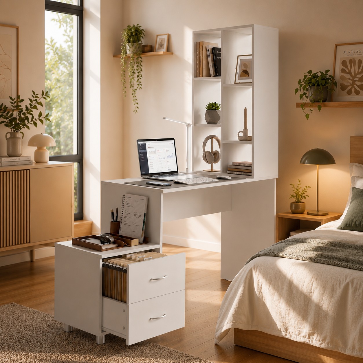 ESCRITORIO MELAMINA MIRA 15MM CON ESTANTE CAJONERA MUEBLE OFICINA MUEBLEO - 1