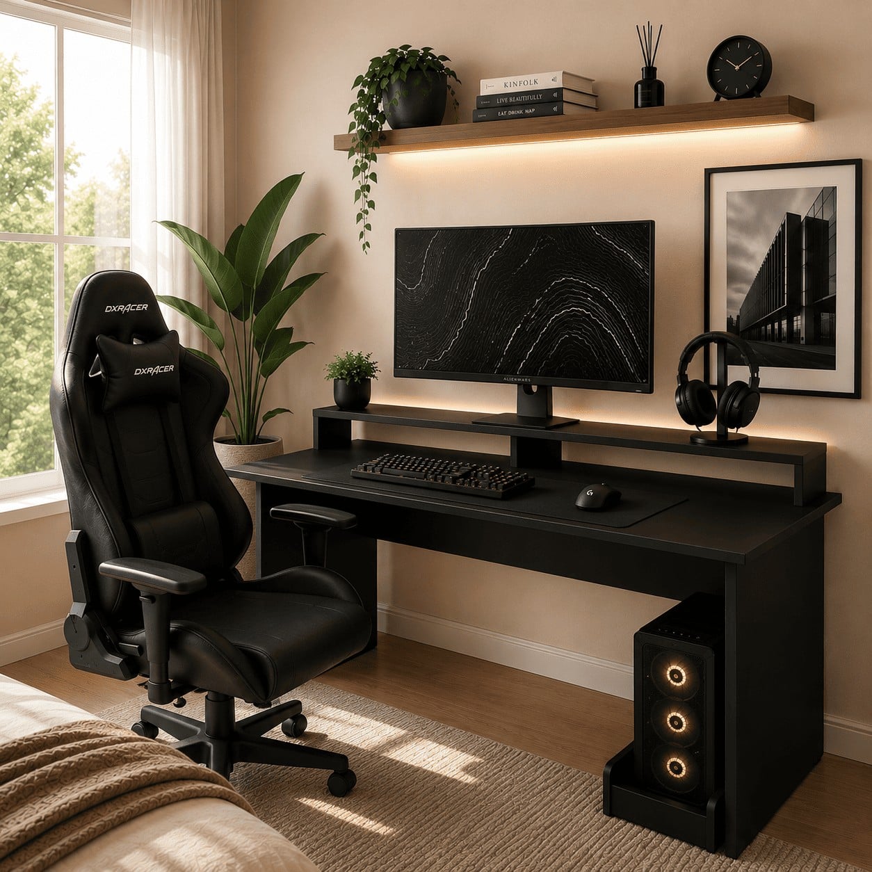 ESCRITORIO GAMER MODERNO NEGRO CON SOPORTE PARA PC Y MONITORES MUEBLEO - 1
