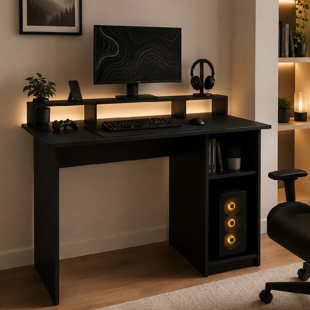 ESCRITORIO GAMER NEBULA MULTIFUNCIONAL MELAMINA NEGRO 2 REPISAS MUEBLEO - 1
