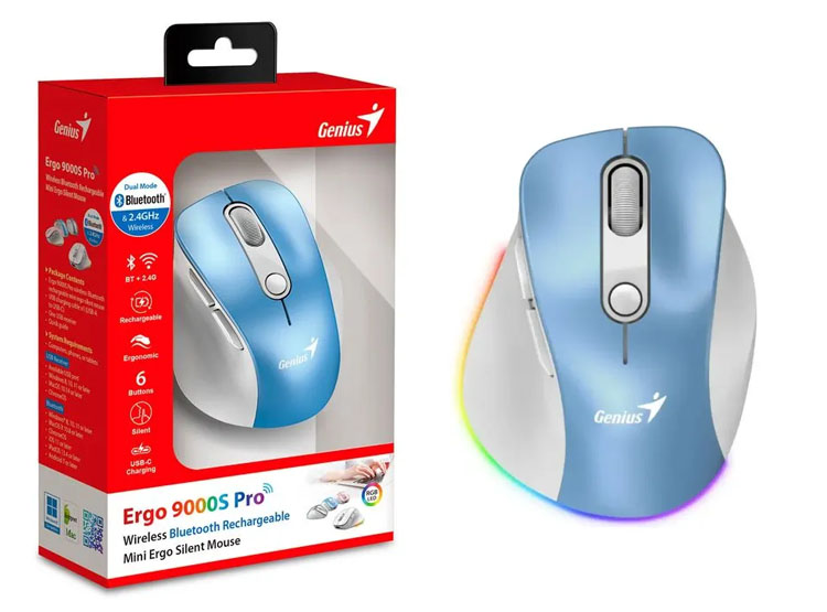 MOUSE GENIUS ERGO 9000S PRO RECARGABLE DUAL WIRELESS/BT 6-BOT SILENT RGB LIGHT BLUE (31030039401) - 1
