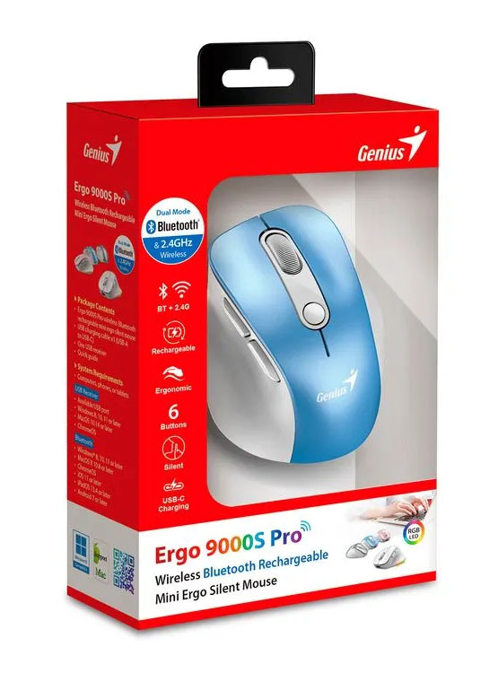 MOUSE GENIUS ERGO 9000S PRO RECARGABLE DUAL WIRELESS/BT 6-BOT SILENT RGB LIGHT BLUE (31030039401) - 2