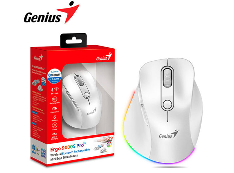 MOUSE GENIUS ERGO 9000S PRO RECARGABLE DUAL WIRELESS/BT 6-BOT SILENT RGB PEARL WHITE (31030039400) - 1