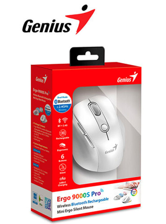 MOUSE GENIUS ERGO 9000S PRO RECARGABLE DUAL WIRELESS/BT 6-BOT SILENT RGB PEARL WHITE (31030039400) - 2