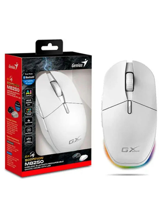 MOUSE GENIUS GX SCORPION M8250 AI COPILOT RECARGABLE WIRELESS/BT 3200 DPI 6-BOT RGB WHITE - 1