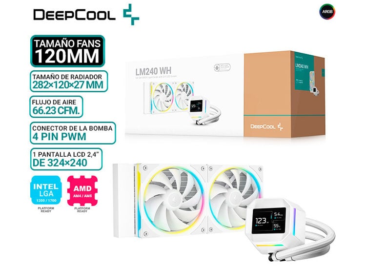 REFRIGERACION LIQUIDA DEEPCOOL LM240 WH, ARGB, PANTALLA - 1