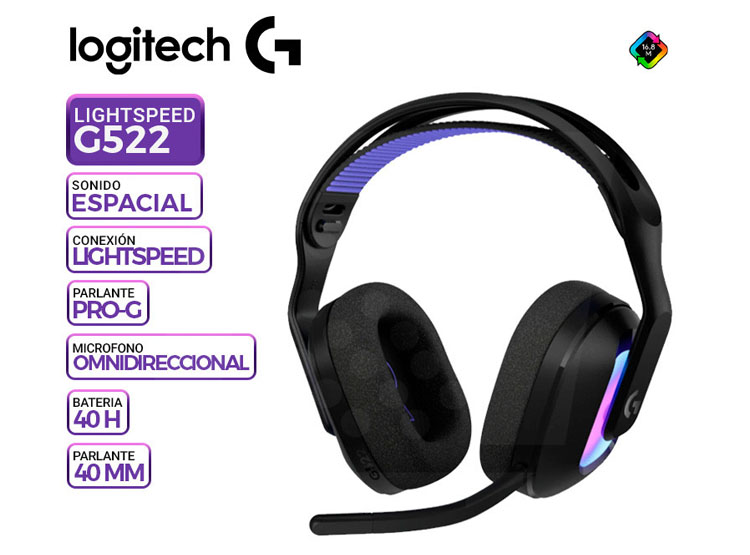AUDIFONO C/MICROF. LOGITECH G522 90H LIGHTSPEED/BT/CABLE USB-C LIGHTSYNC RGB BLACK (981-001543) - 1