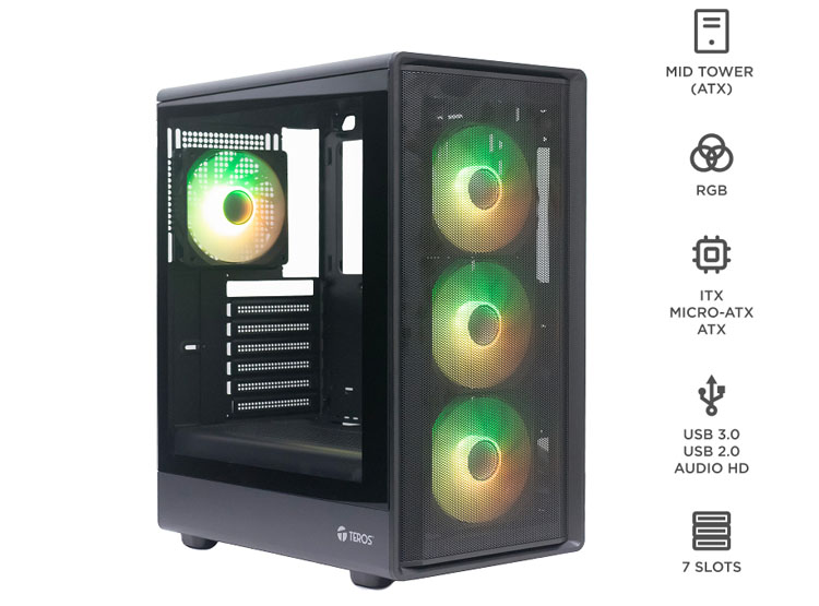 CASE SIN FUENTE GAMER TEROS TE-1323G, ITX, M-ATX, ATX, 3.5' Y 2.5', NEGRO - 1