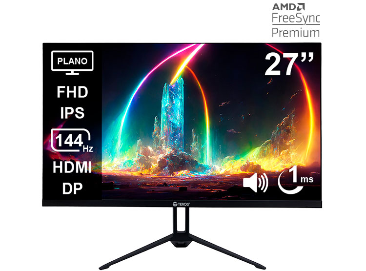 MONITOR PLANO TEROS TE-2714S, 27' FHD IPS, 144HZ, 1MS, HDMI, DP, AUDIO OUT, PARLANTES - 1