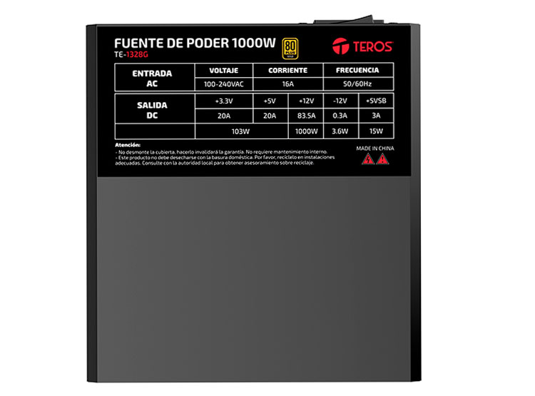 FUENTE DE ALIMENTACIÓN GAMER TEROS TE-1328G, FORMATO ATX, 1000W 80 PLUS GOLD 155-240V - 5