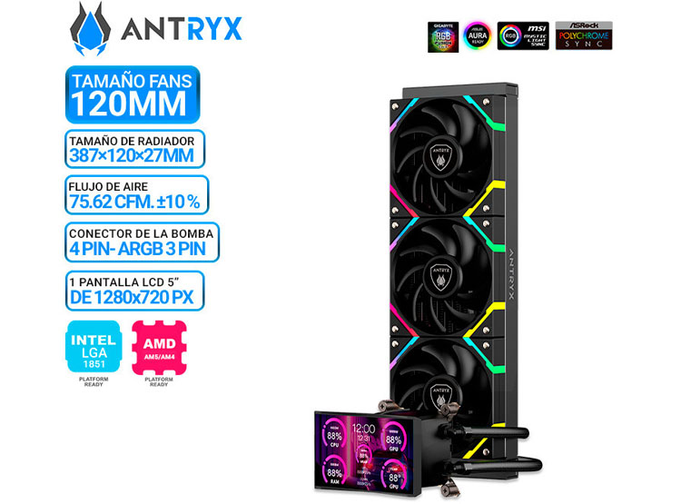 REFRIGERACION LIQUIDA ANTRYX TRITON VISION SP360 BLACK, ARGB, LCD 5' - 1