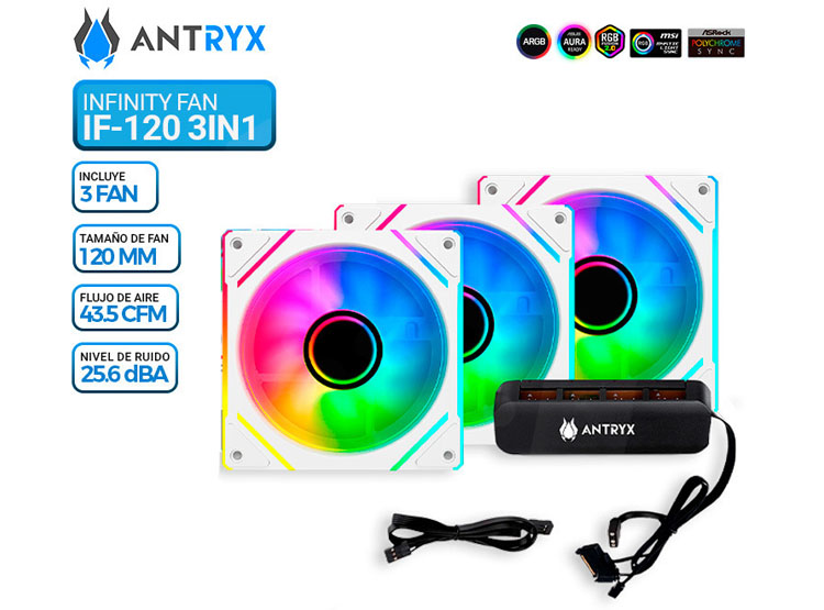 KIT ARGB ANTRYX IF-120 INFINITY FAN WHITE, 120MM X 3, C/CONTROLADOR - 1