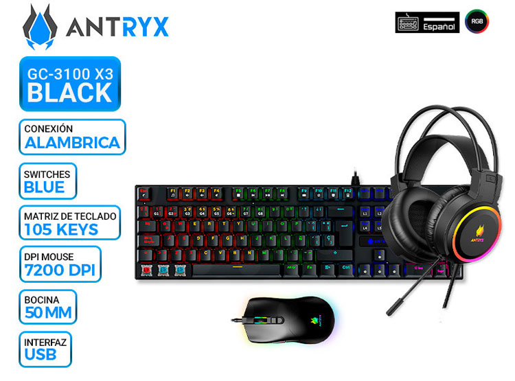 KIT GAMING ANTRYX GC-3100 X3 BLACK, TECLADO SWITCH BLUE, MOUSE Y AURICULAR - 1