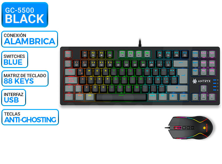 KIT GAMING ANTRYX GC-5500, TECLADO MECANICO + MOUSE, SWITCH BLUE - 1