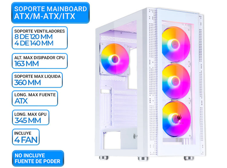 CASE ANTRYX RX-260 WHITE, FIXED RGB, FAN X4, V/TEMPLADO - 1