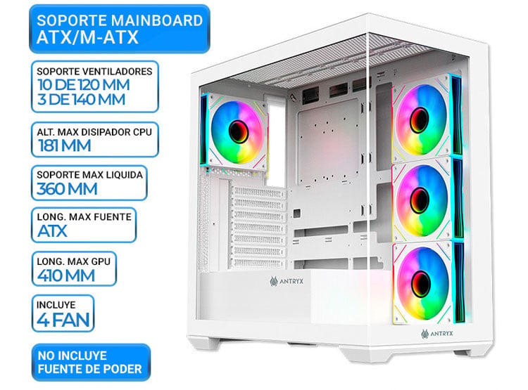 CASE ANTRYX FX 750 WHITE, 4 COOLER ARGB, USB TIPO C, V/TEMPLADO - 1