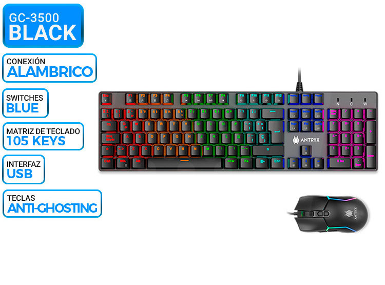 KIT GAMING ANTRYX GC-3500 BLACK, TECLADO MECANICO + MOUSE, SWITCH BLUE - 1