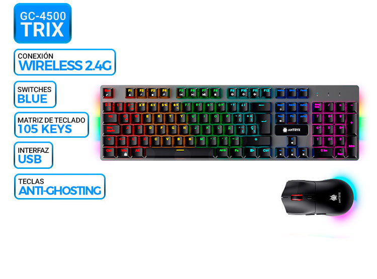 KIY WIRELESS ANTRYX GC-4500 TRIX, TECLADO MECANICO + MOUSE, SWITCH BLUE - 1