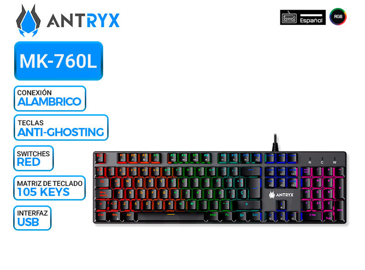 TECLADO MECANICO ANTRYX MK760L BLACK, SWITCH RED - 1