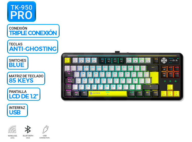 TECLADO MECANICO INALAMBRICO/BT ANTRYX TK950 PRO BLACK, SWITCH BLUE GATERON - 1