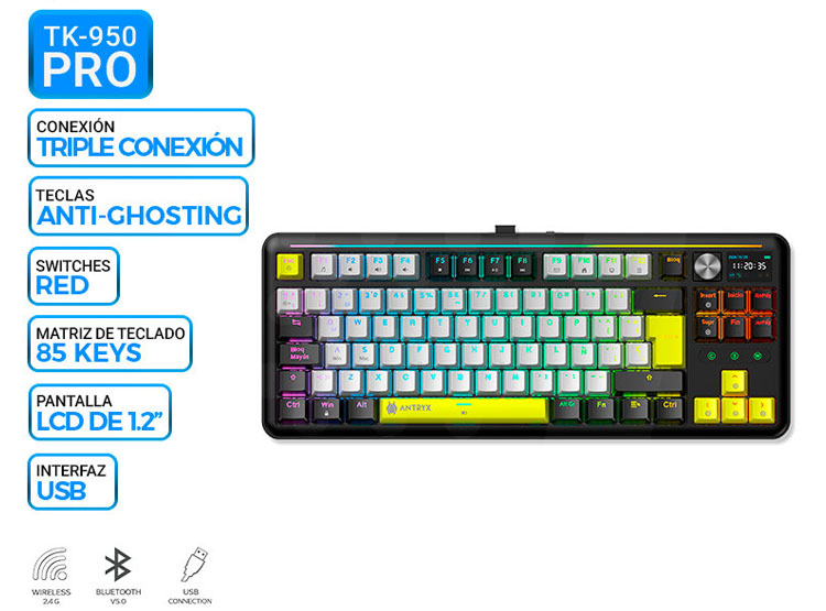 TECLADO MECANICO INALAMBRICO/BT ANTRYX TK950 PRO BLACK, SWITCH RED GATERON - 1
