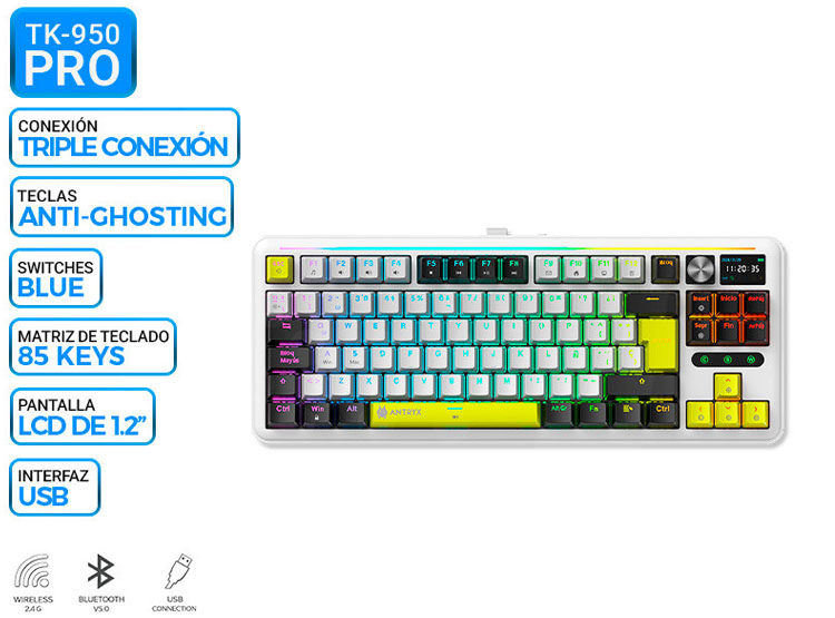 TECLADO MECANICO INALAMBRICO/BT ANTRYX TK950 PRO WHITE, SWITCH BLUE GATERON - 1