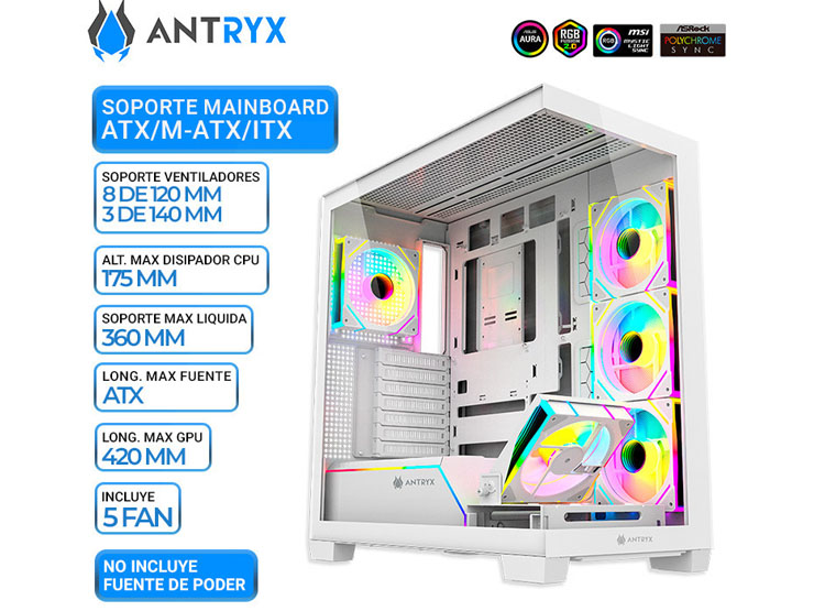 CASE ANTRYX FX 850 PRO WHITE, FAN X5 ARGB, USB TIPO C, V/TEMPLADO - 1