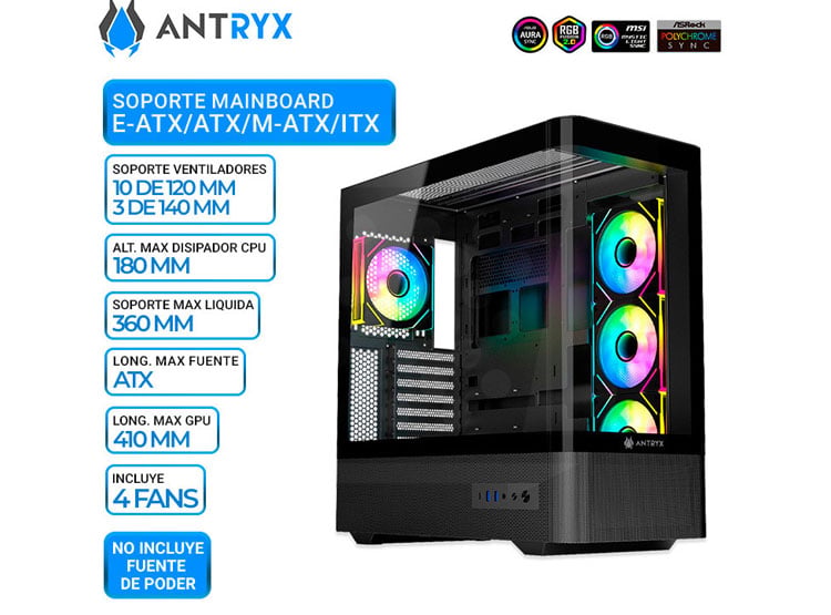 CASE ANTRYX FX 830 BLACK, FAN X4 ARGB, USB TIPO-C, V/TEMPLADO - 1