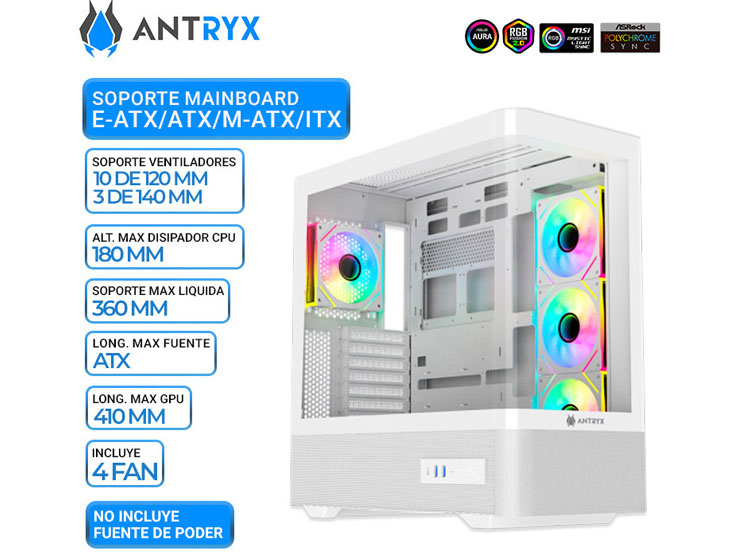 CASE ANTRYX FX 830 WHITE, FAN X4 ARGB, USB TIPO-C, V/TEMPLADO - 1