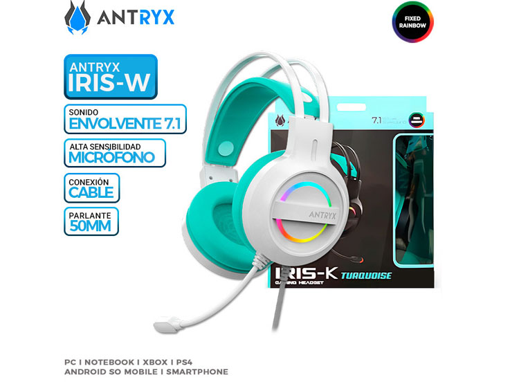 AURICULAR ANTRYX IRIS-W TURQUESA, 7.1 VIRTUAL SURROUND, USB, RAINBOW - 1