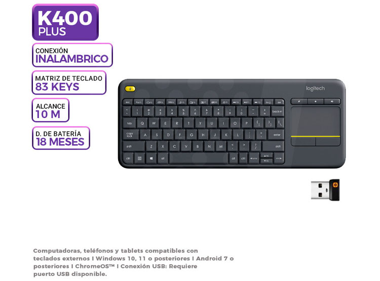TECLADO LOGITECH K400 PLUS WIRELESS TOUCH BLACK - 1