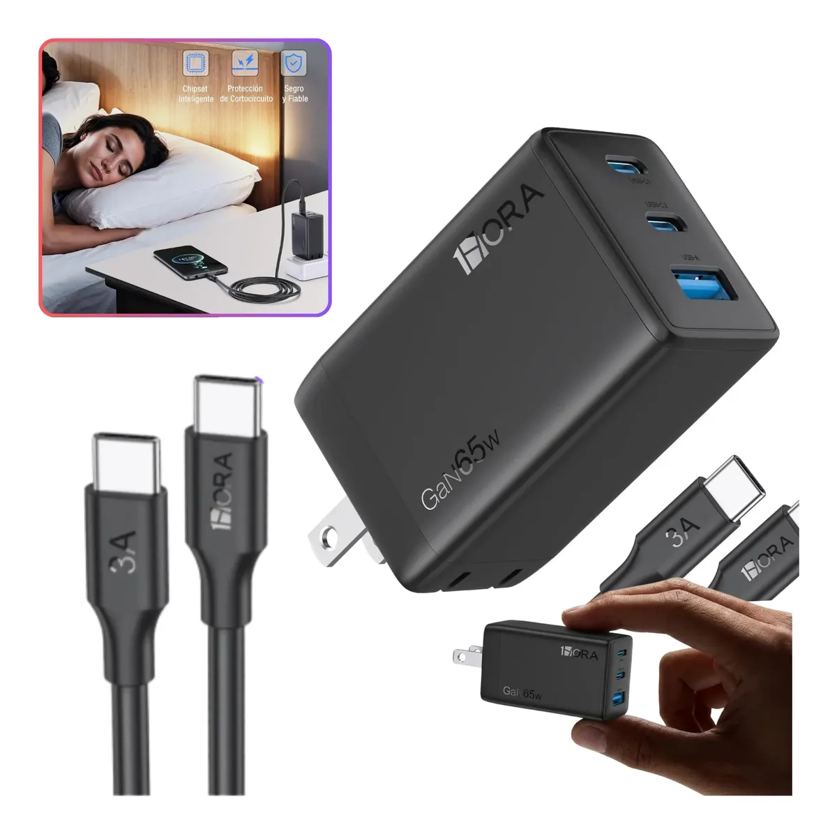 CARGADOR CARGA RAPIDA GAN 65W 1HORA + CABLE TIPO C - 2