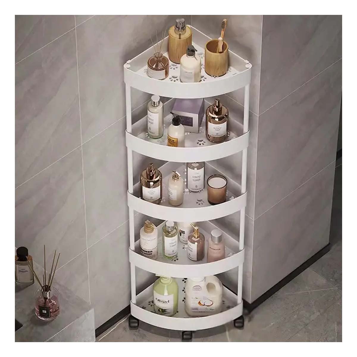 PACK2 ORGANIZADOR ESQUINERO 5 NIVELES CON RUEDAS BLANCO PARA COCINA BANO U HOGAR USO DIARIO - 2