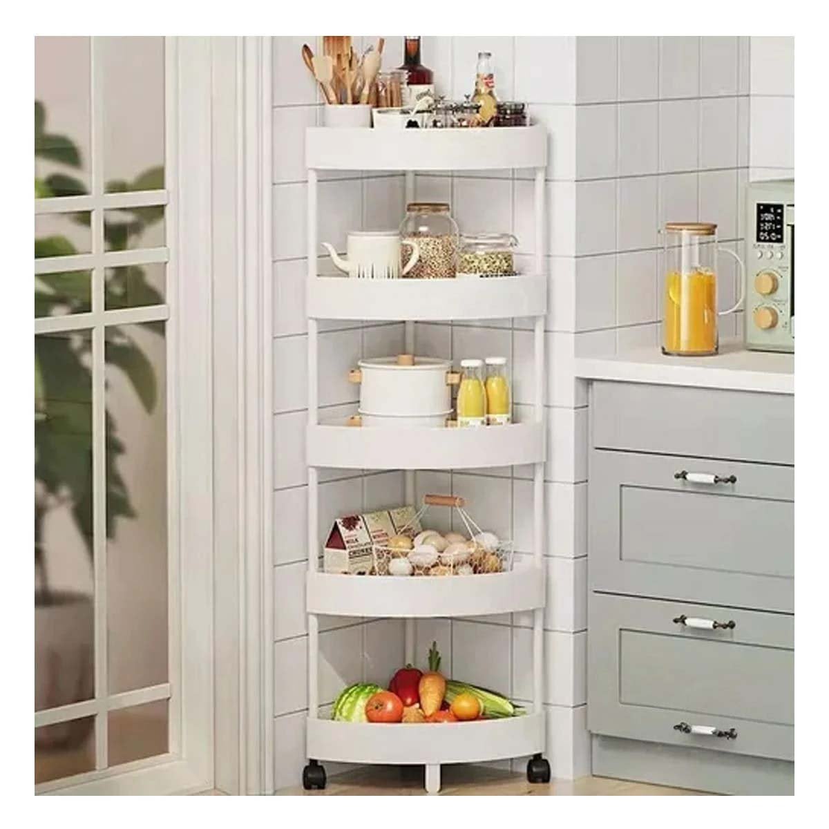 PACK2 ORGANIZADOR ESQUINERO 5 NIVELES CON RUEDAS BLANCO PARA COCINA BANO U HOGAR USO DIARIO - 3