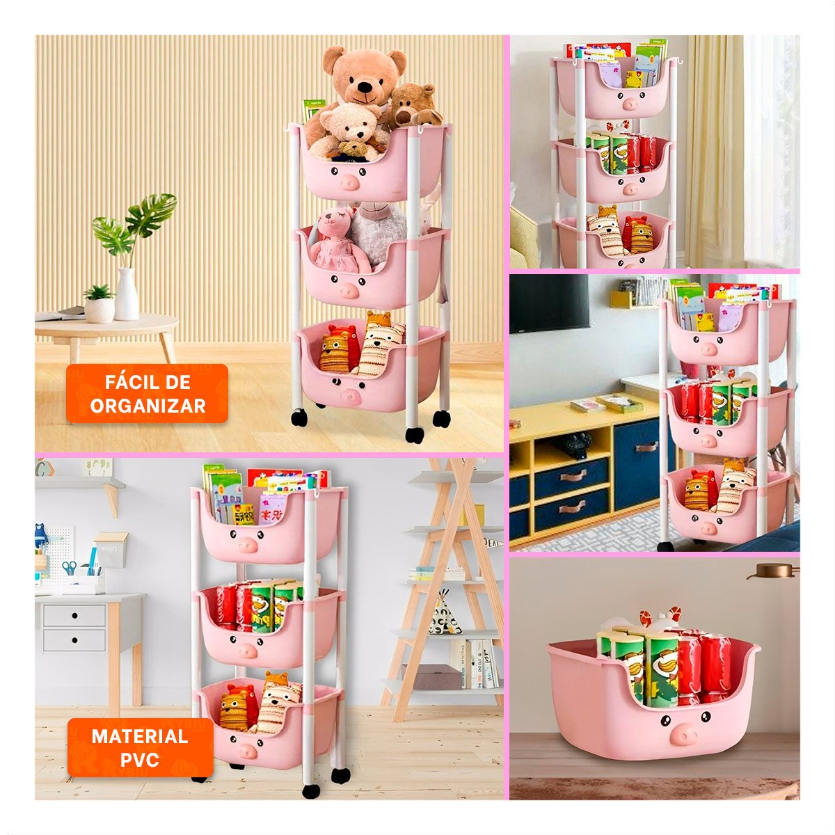 ORGANIZADOR KAWAII 3 NIVELES DISENO CHANCHO PRACTICO PARA ESPACIOS ROSADO - 2