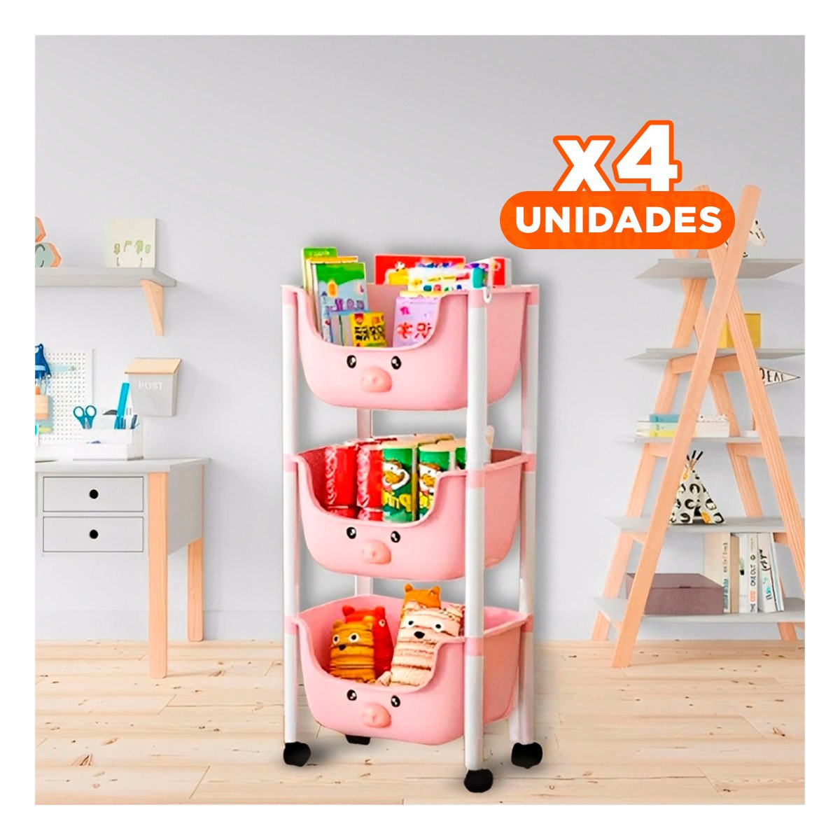 PACK4 ESTANTERO KAWAII 3 NIVELES COMPACTO Y VERSATIL ESTILO CHANCHO ROSADO Y+PAPEL REGALO - 1
