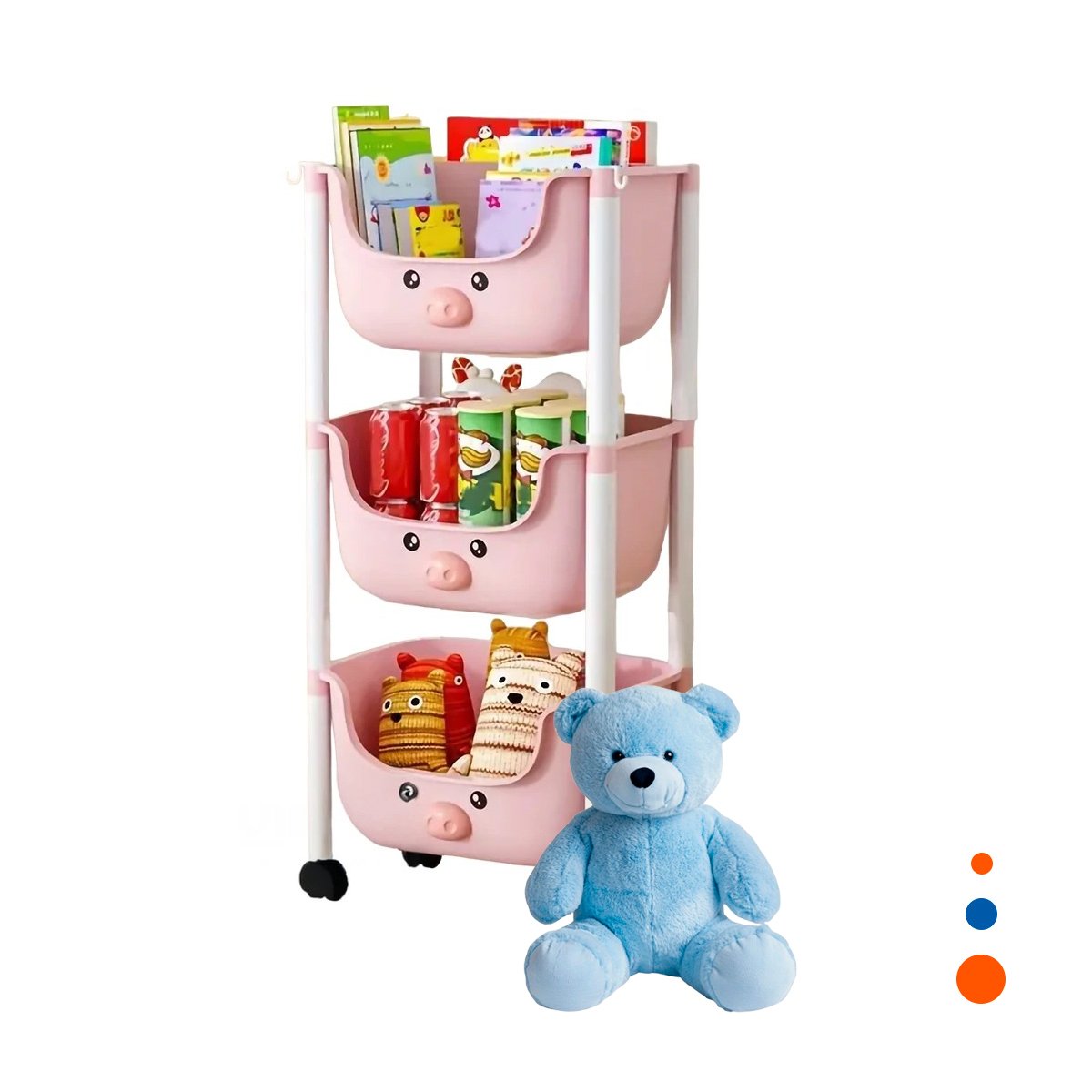 PACK4 ESTANTERO KAWAII 3 NIVELES COMPACTO Y VERSATIL ESTILO CHANCHO ROSADO Y+PAPEL REGALO - 3