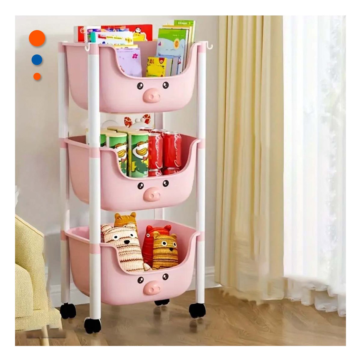 PACK4 ESTANTERO KAWAII 3 NIVELES COMPACTO Y VERSATIL ESTILO CHANCHO ROSADO Y+PAPEL REGALO - 5