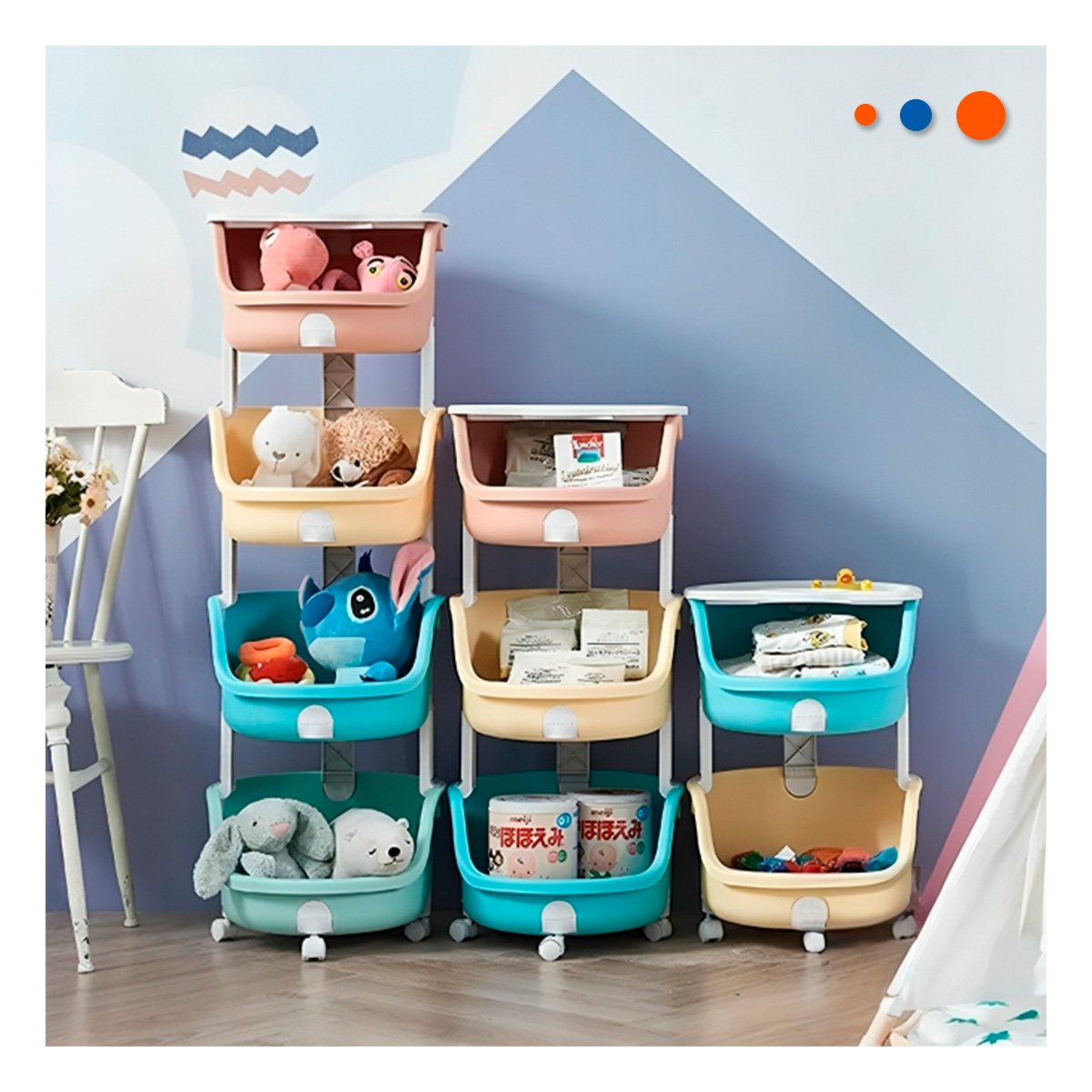 JUGUETERO CIRCULAR INFANTIL 4 NIVELES PRACTICO VERDE CELESTE AMARILLO Y NARANJA Y+PAPEL REGALO - 1