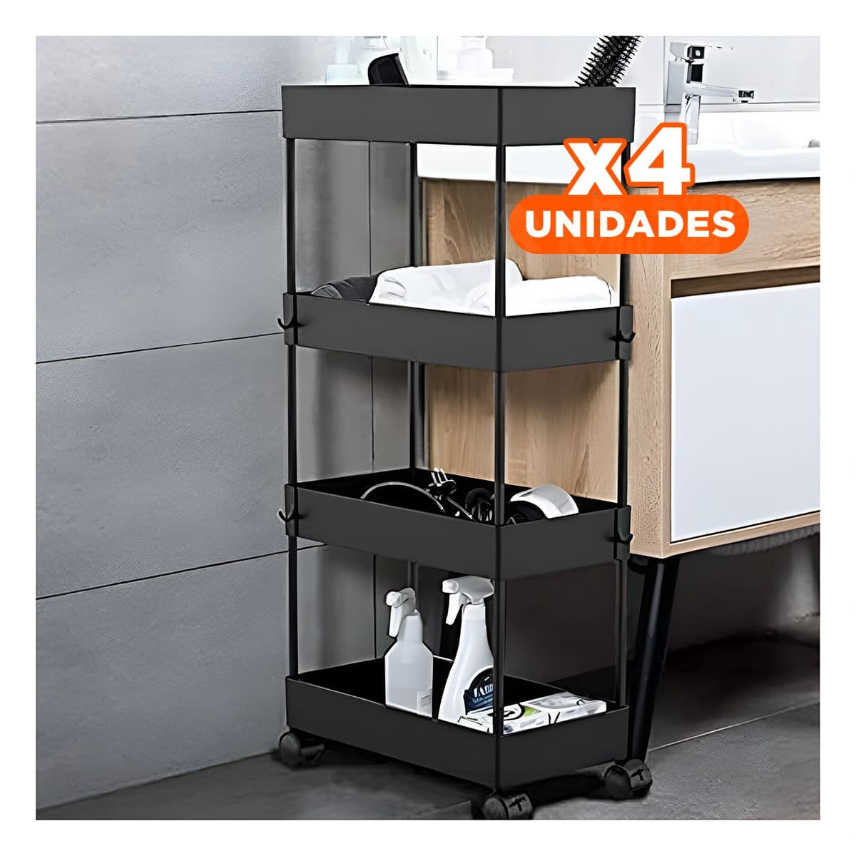 PACK4 ESTRUCTURA LATERAL DE 4 NIVELES CON 4 RUEDAS NEGRO PLASTICO MULTIUSO Y+PAPEL REGALO - 1