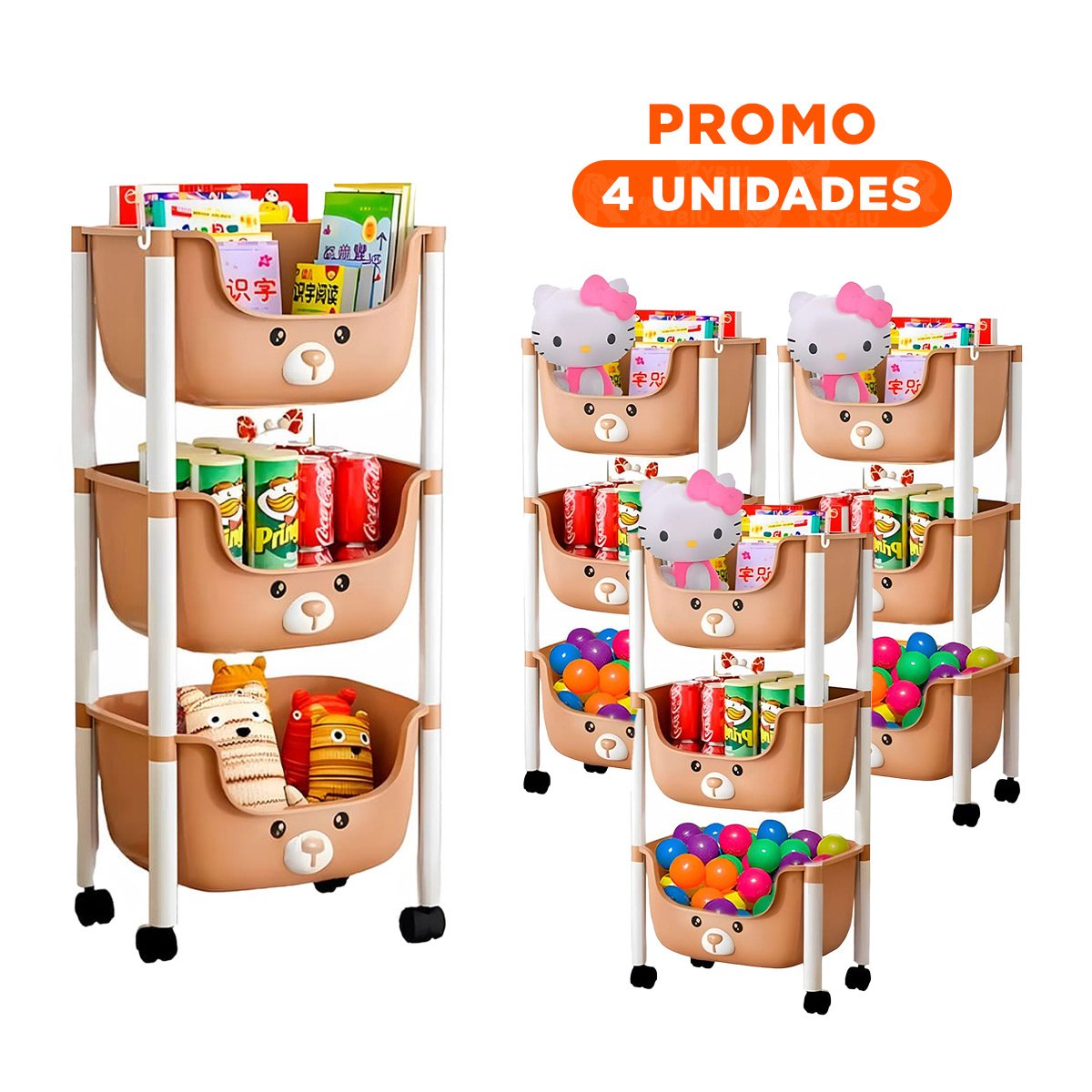 PACK4 ESTANTERO KAWAII 3 NIVELES ALMACENAJE COMODO DISENO OSITO MARRON - 1