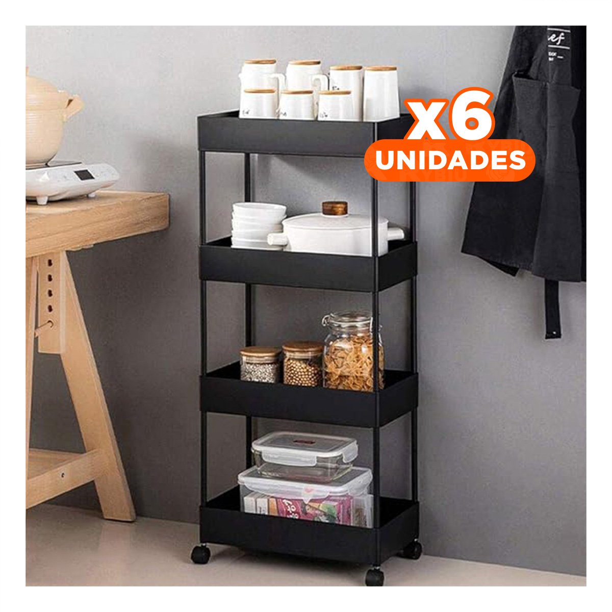 PACK6 ESTANTERO LATERAL DE 4 NIVELES CON 4 RUEDAS NEGRO PLASTICO COMPACTO Y+PAPEL REGALO - 1