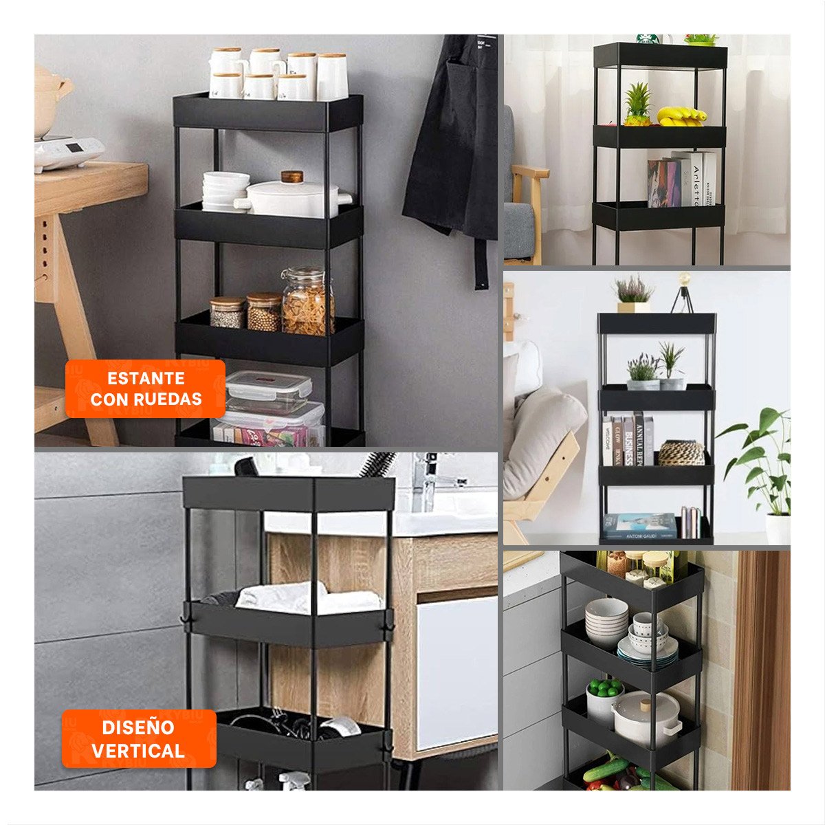 PACK6 ESTANTERO LATERAL DE 4 NIVELES CON 4 RUEDAS NEGRO PLASTICO COMPACTO Y+PAPEL REGALO - 3