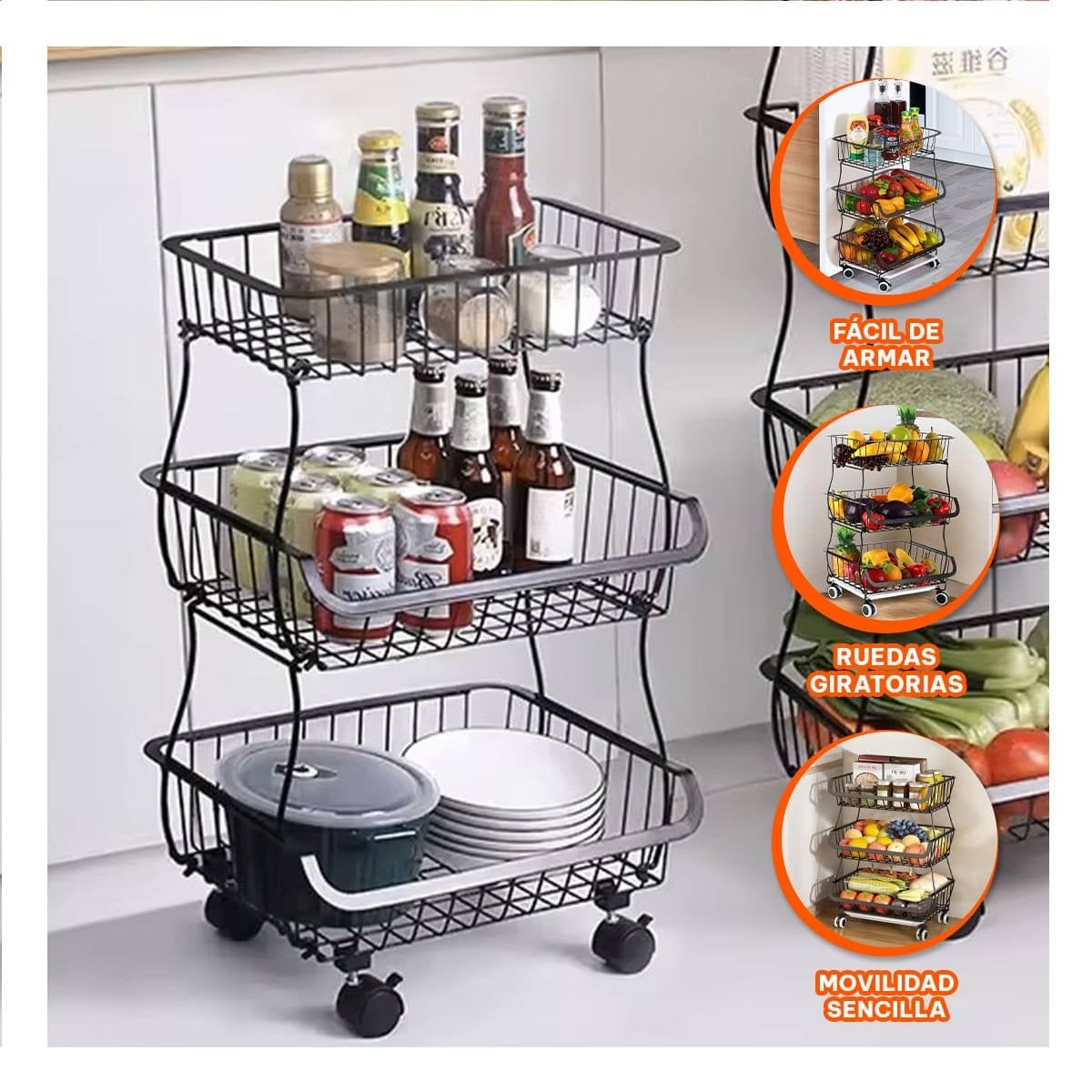 CESTA DE 3 NIVELES PARA COCINA EN ACERO DISENO MODERNO HOGAR Y+PAPEL REGALO - 2