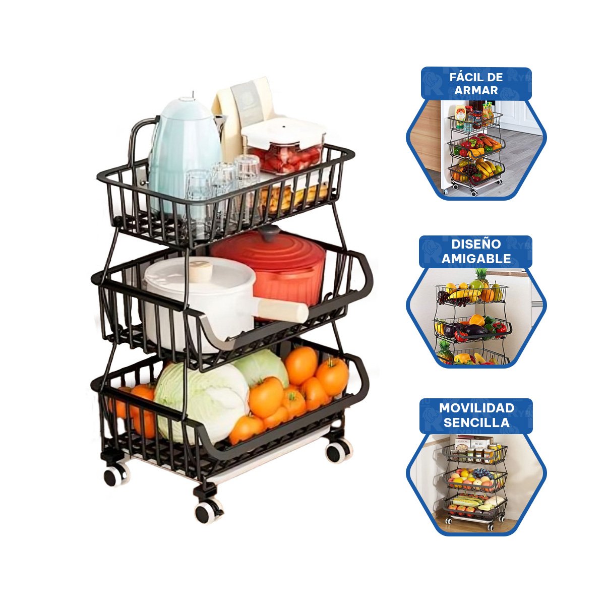 CESTA DE 3 NIVELES PARA COCINA EN ACERO DISENO MODERNO HOGAR Y+PAPEL REGALO - 5