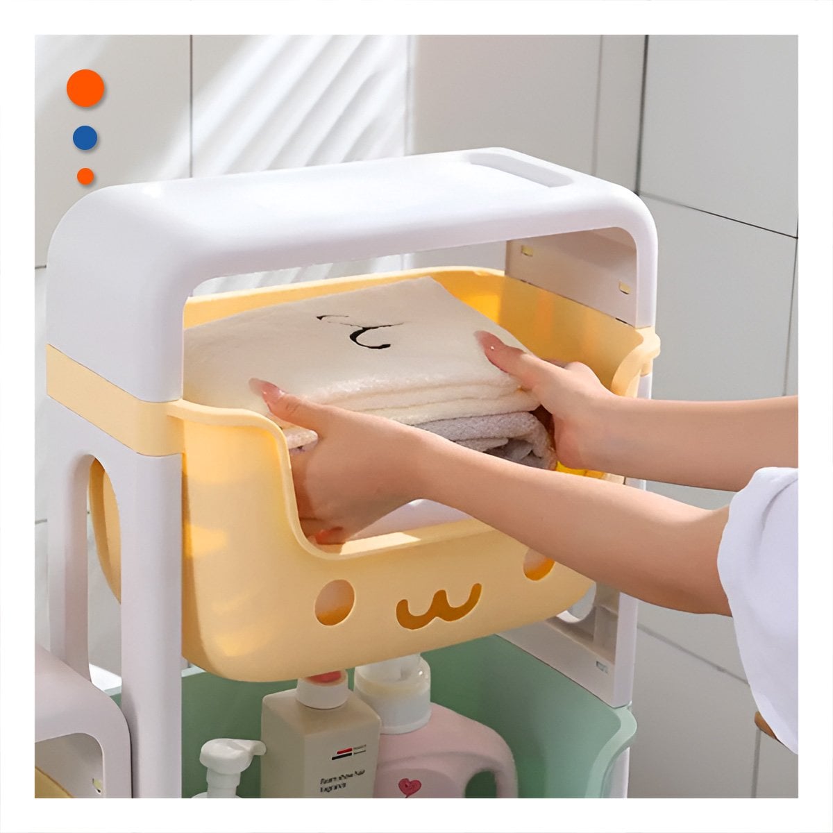 JUGUETERO INFANTIL CON CARITAS 4 NIVELES COMODO VERDE CELESTE AMARILLO Y NARANJA Y+POST IT - 1