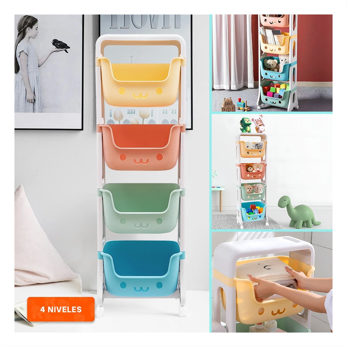 JUGUETERO INFANTIL CON CARITAS 4 NIVELES COMODO VERDE CELESTE AMARILLO Y NARANJA Y+POST IT - 2